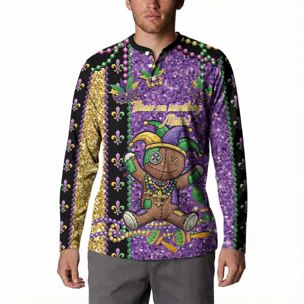 Voodoo Doll Mardi Gras Button Sweatshirt Throw Me Something Mister Glitter Effect