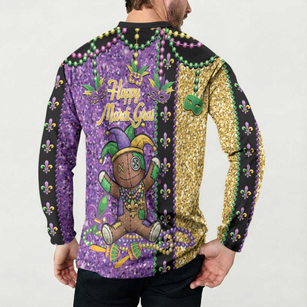 Voodoo Doll Mardi Gras Button Sweatshirt Throw Me Something Mister Glitter Effect