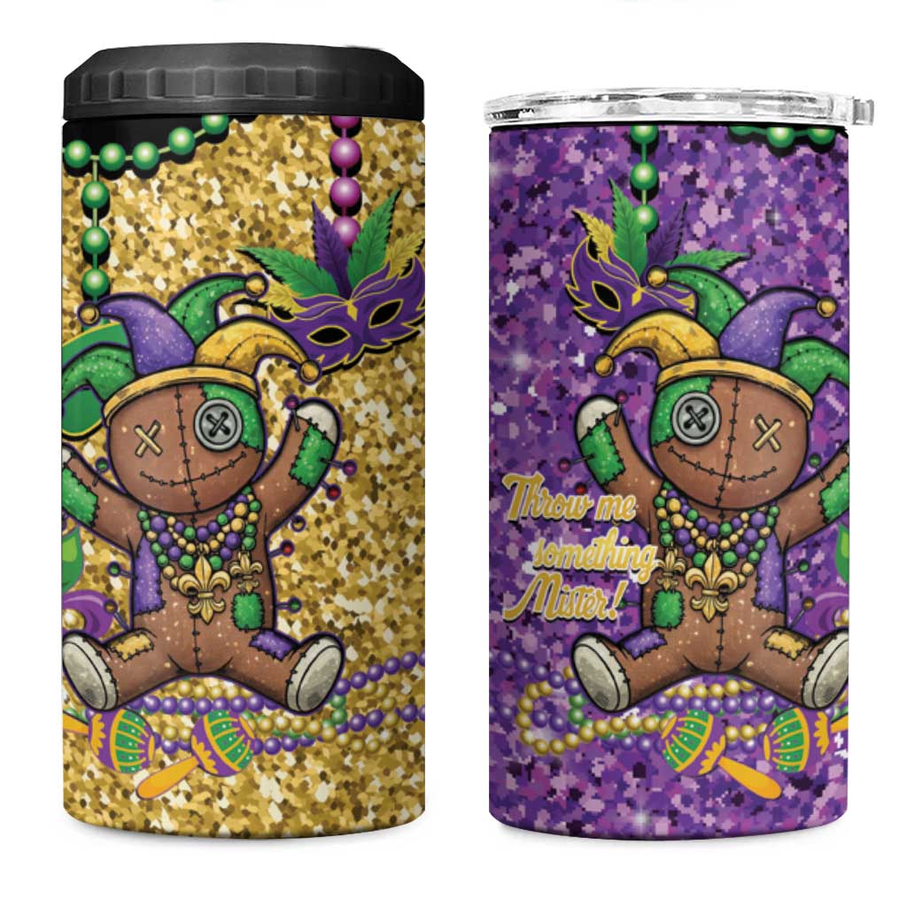 Voodoo Doll Mardi Gras 4 in 1 Can Cooler Tumbler Throw Me Something Mister Glitter Effect
