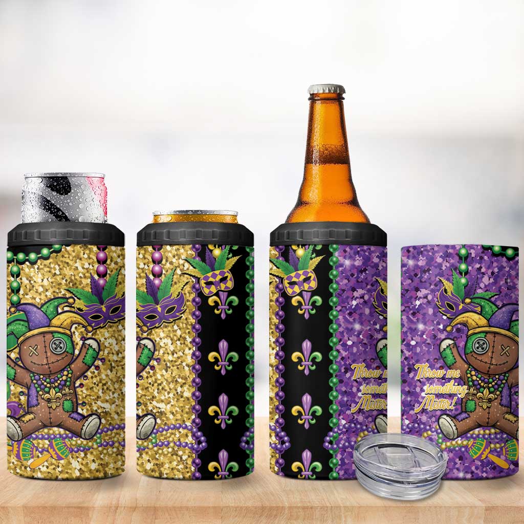 Voodoo Doll Mardi Gras 4 in 1 Can Cooler Tumbler Throw Me Something Mister Glitter Effect