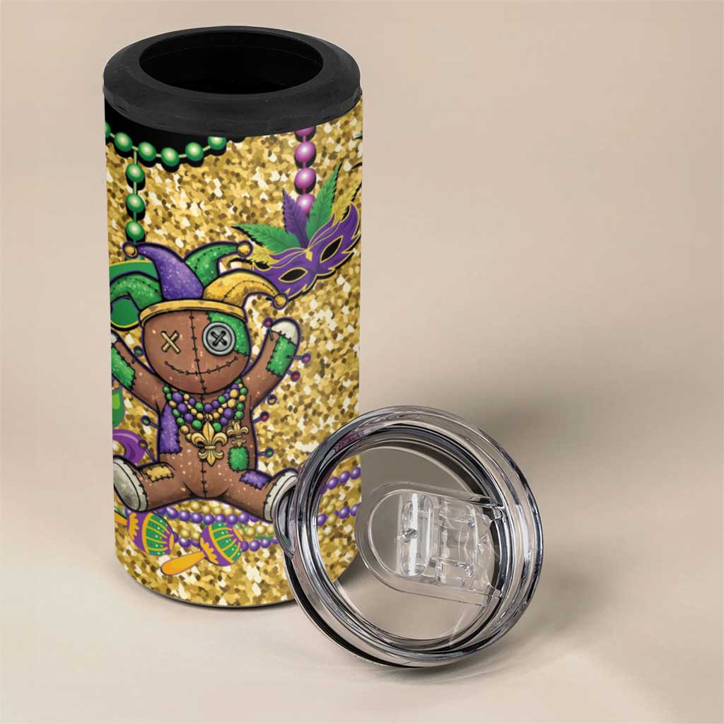 Voodoo Doll Mardi Gras 4 in 1 Can Cooler Tumbler Throw Me Something Mister Glitter Effect