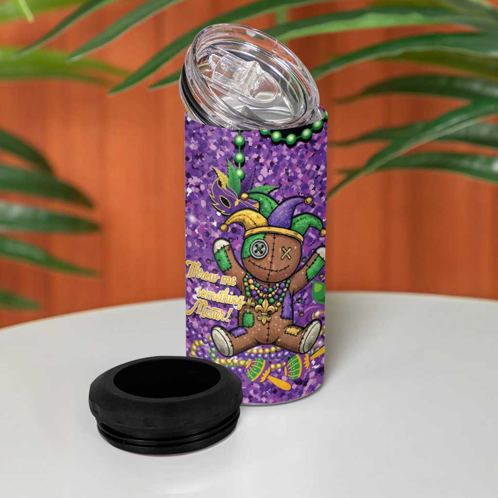 Voodoo Doll Mardi Gras 4 in 1 Can Cooler Tumbler Throw Me Something Mister Glitter Effect