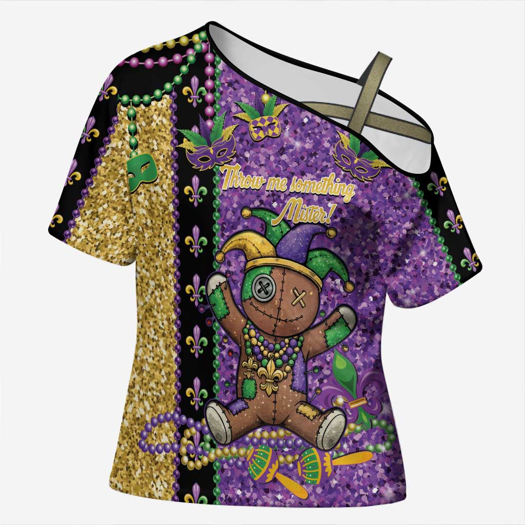 Voodoo Doll Mardi Gras Cross Shoulder Shirt Throw Me Something Mister Glitter Effect
