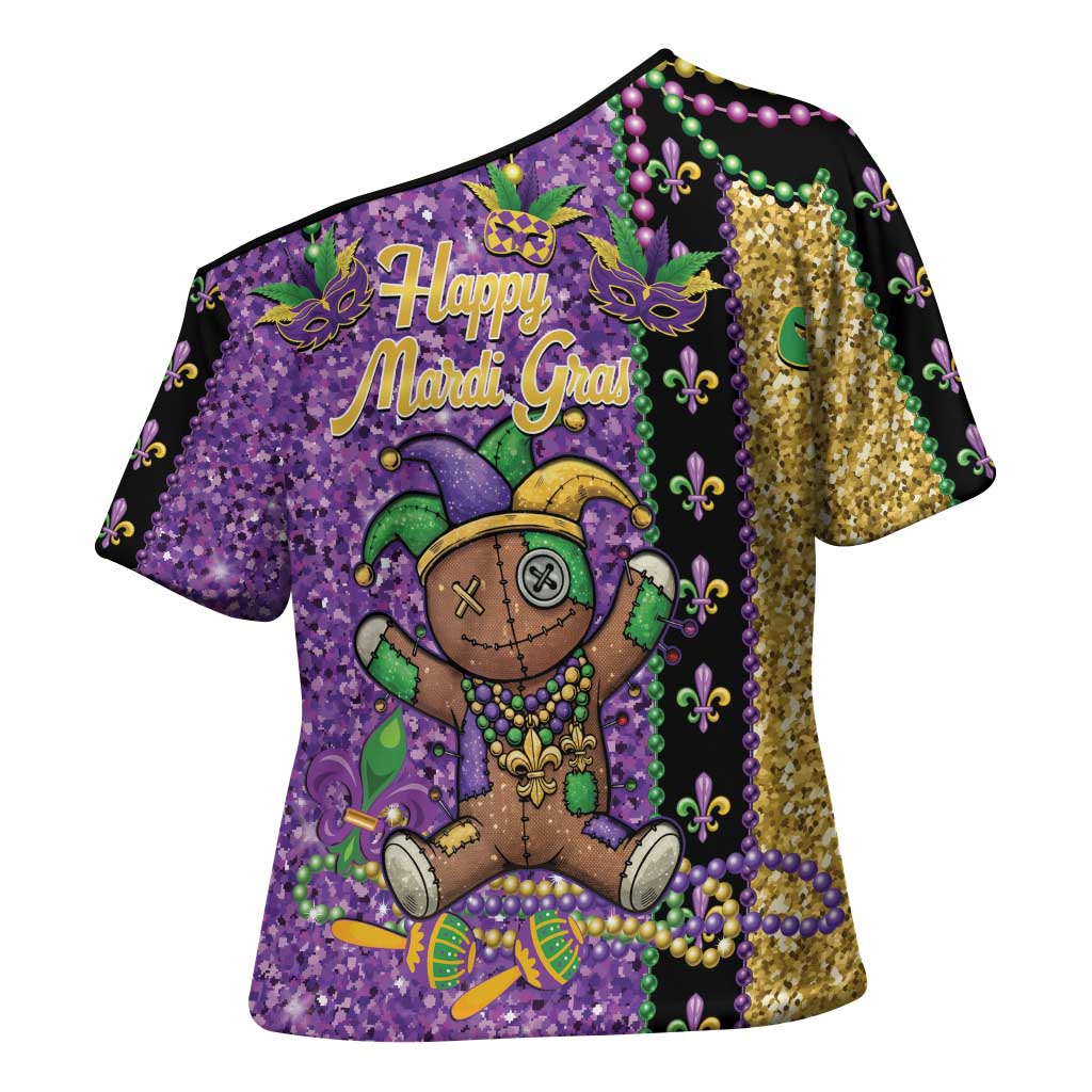 Voodoo Doll Mardi Gras Cross Shoulder Shirt Throw Me Something Mister Glitter Effect