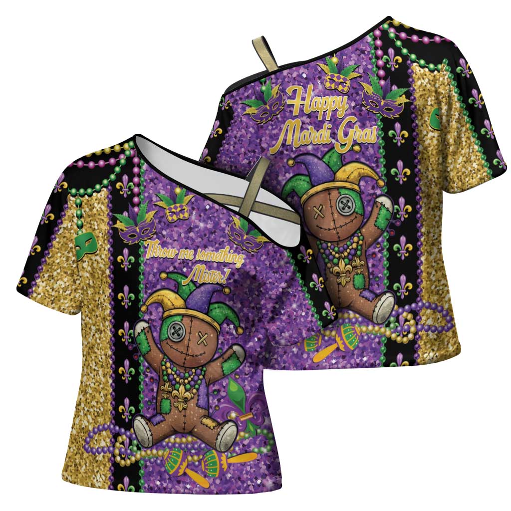 Voodoo Doll Mardi Gras Cross Shoulder Shirt Throw Me Something Mister Glitter Effect