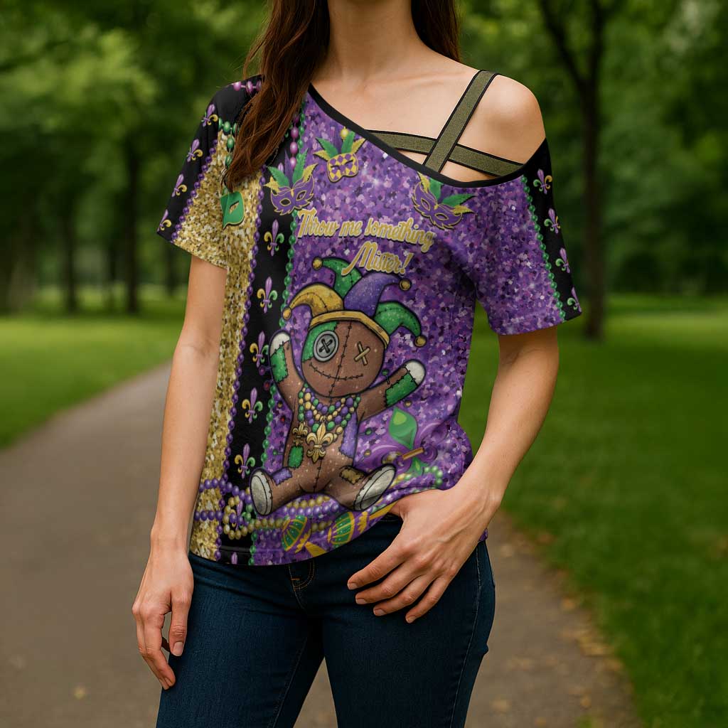 Voodoo Doll Mardi Gras Cross Shoulder Shirt Throw Me Something Mister Glitter Effect