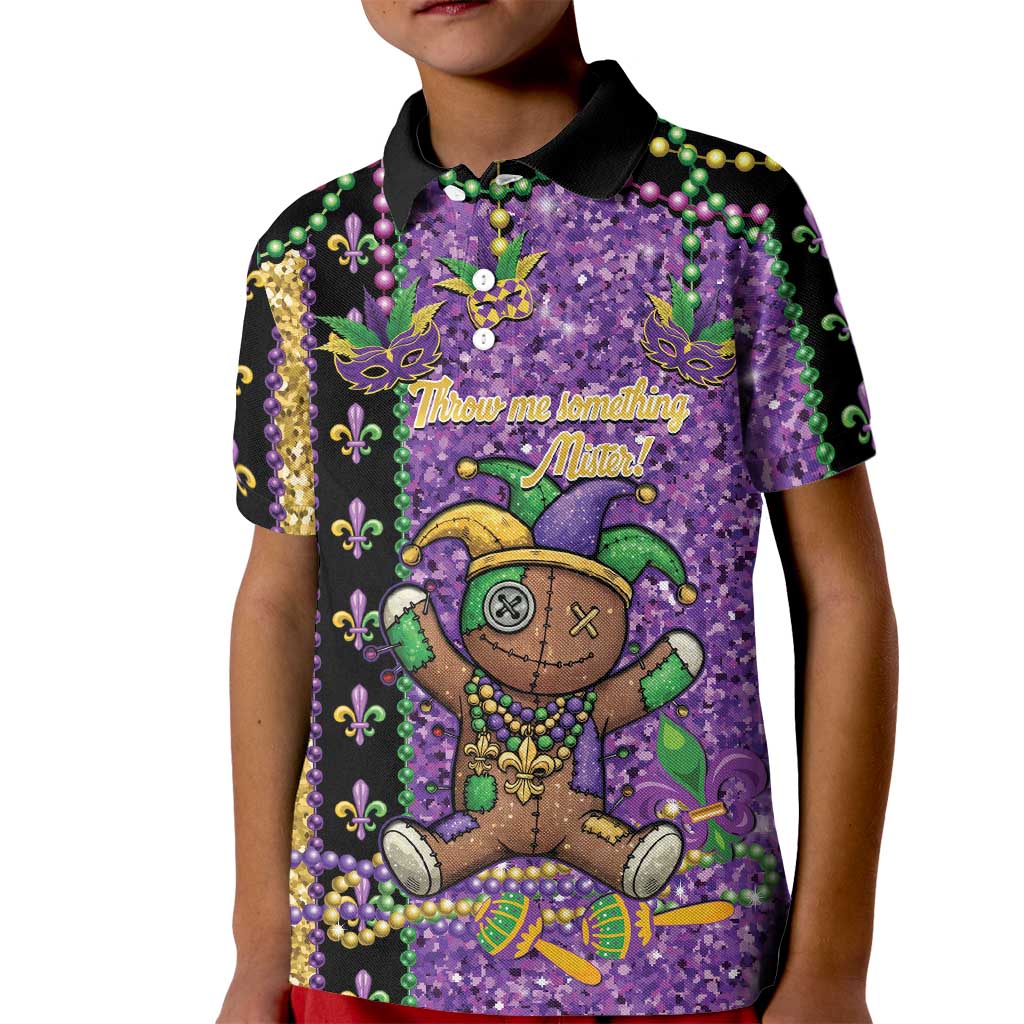 Voodoo Doll Mardi Gras Kid Polo Shirt Throw Me Something Mister Glitter Effect