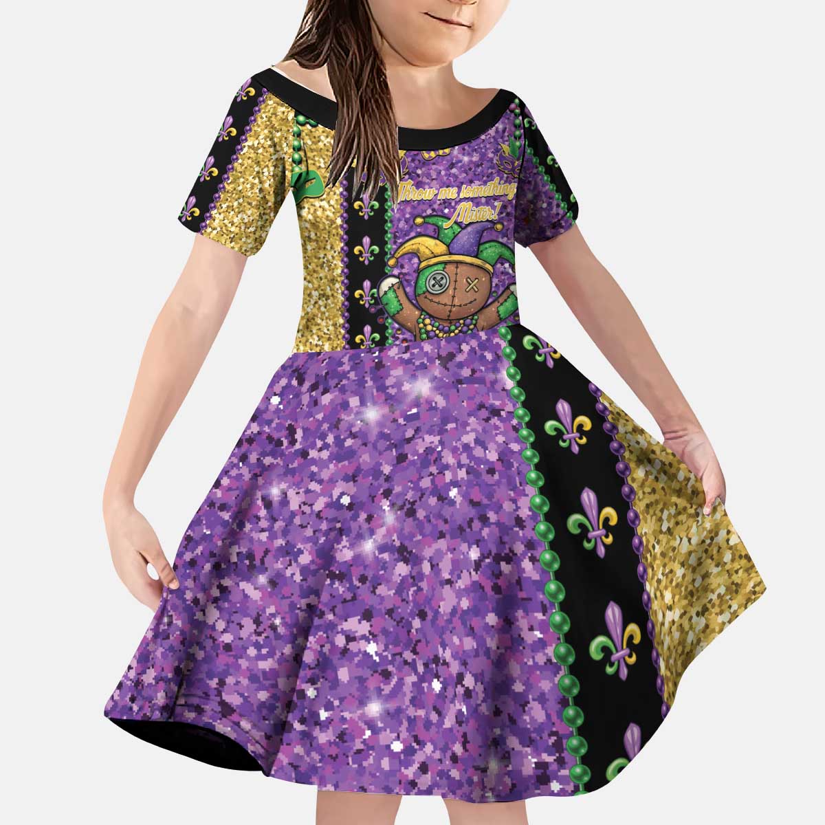 Voodoo Doll Mardi Gras Kid Short Sleeve Dress Throw Me Something Mister Glitter Effect