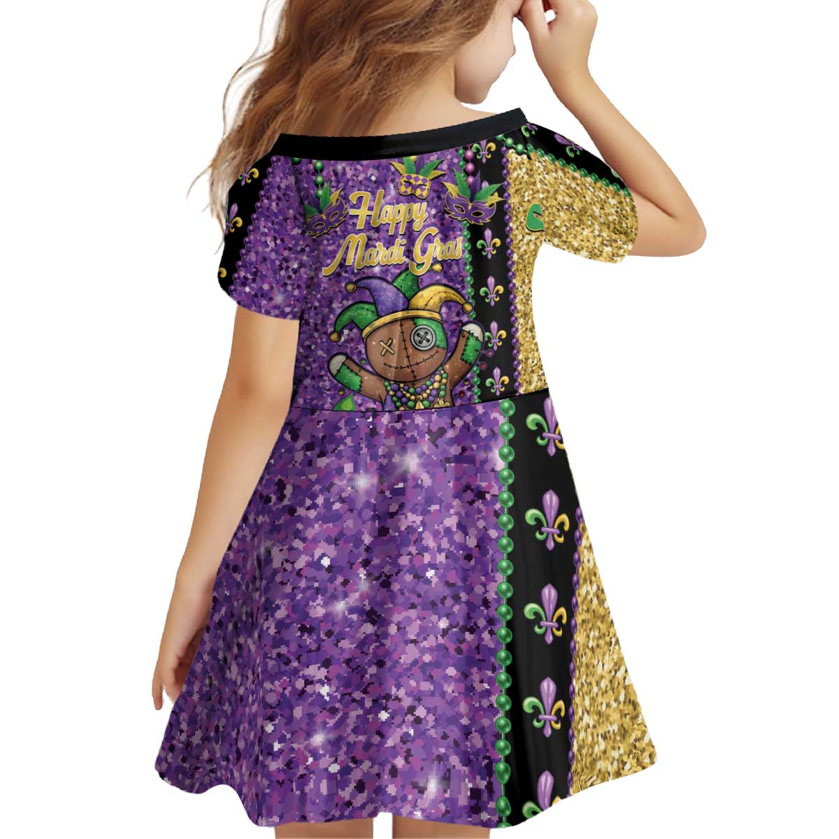 Voodoo Doll Mardi Gras Kid Short Sleeve Dress Throw Me Something Mister Glitter Effect