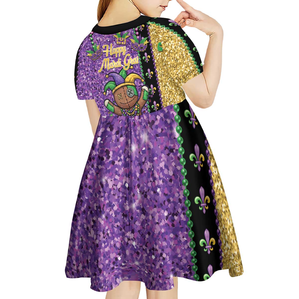 Voodoo Doll Mardi Gras Kid Short Sleeve Dress Throw Me Something Mister Glitter Effect