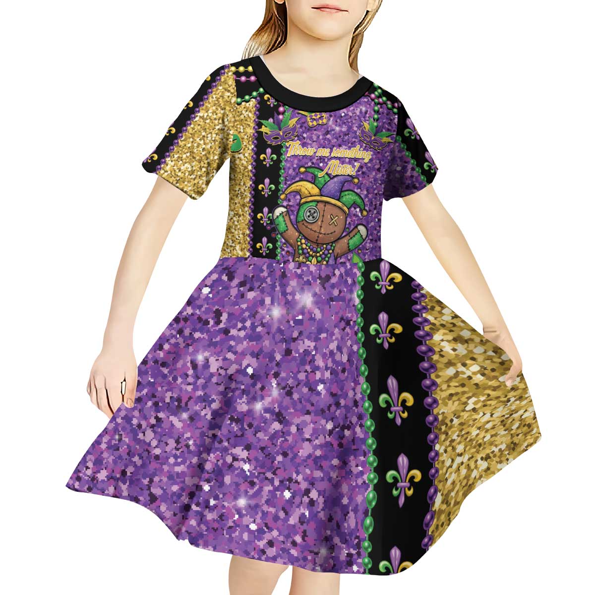 Voodoo Doll Mardi Gras Kid Short Sleeve Dress Throw Me Something Mister Glitter Effect