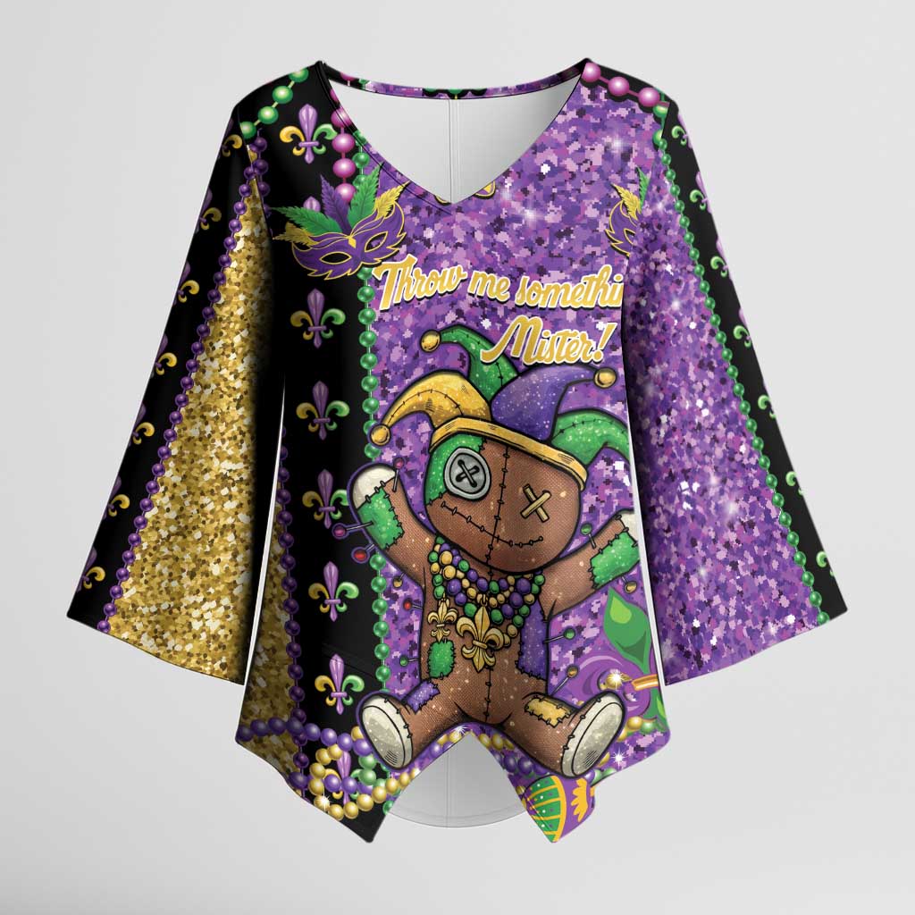 Voodoo Doll Mardi Gras Kimono Sleeve Blouse Throw Me Something Mister Glitter Effect