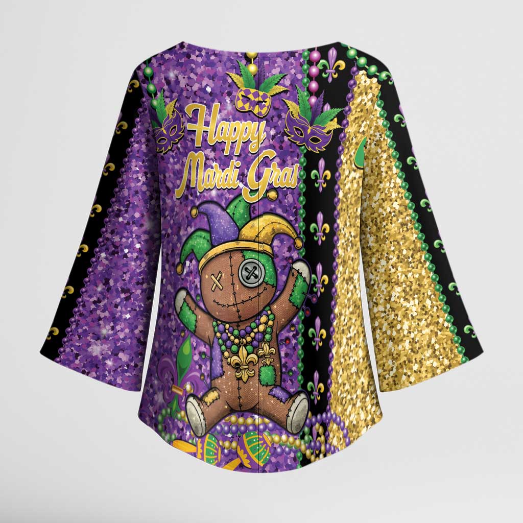 Voodoo Doll Mardi Gras Kimono Sleeve Blouse Throw Me Something Mister Glitter Effect