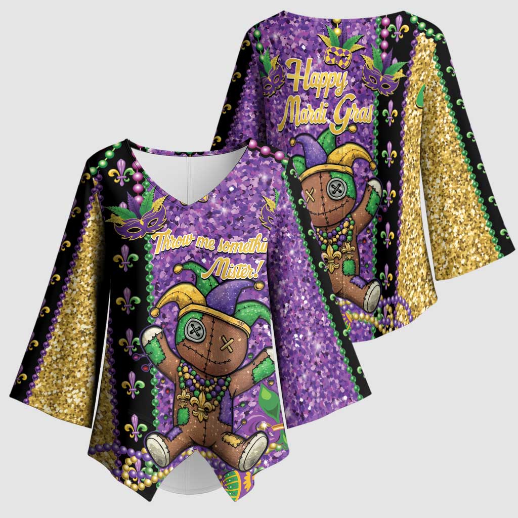 Voodoo Doll Mardi Gras Kimono Sleeve Blouse Throw Me Something Mister Glitter Effect