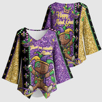 Voodoo Doll Mardi Gras Kimono Sleeve Blouse Throw Me Something Mister Glitter Effect