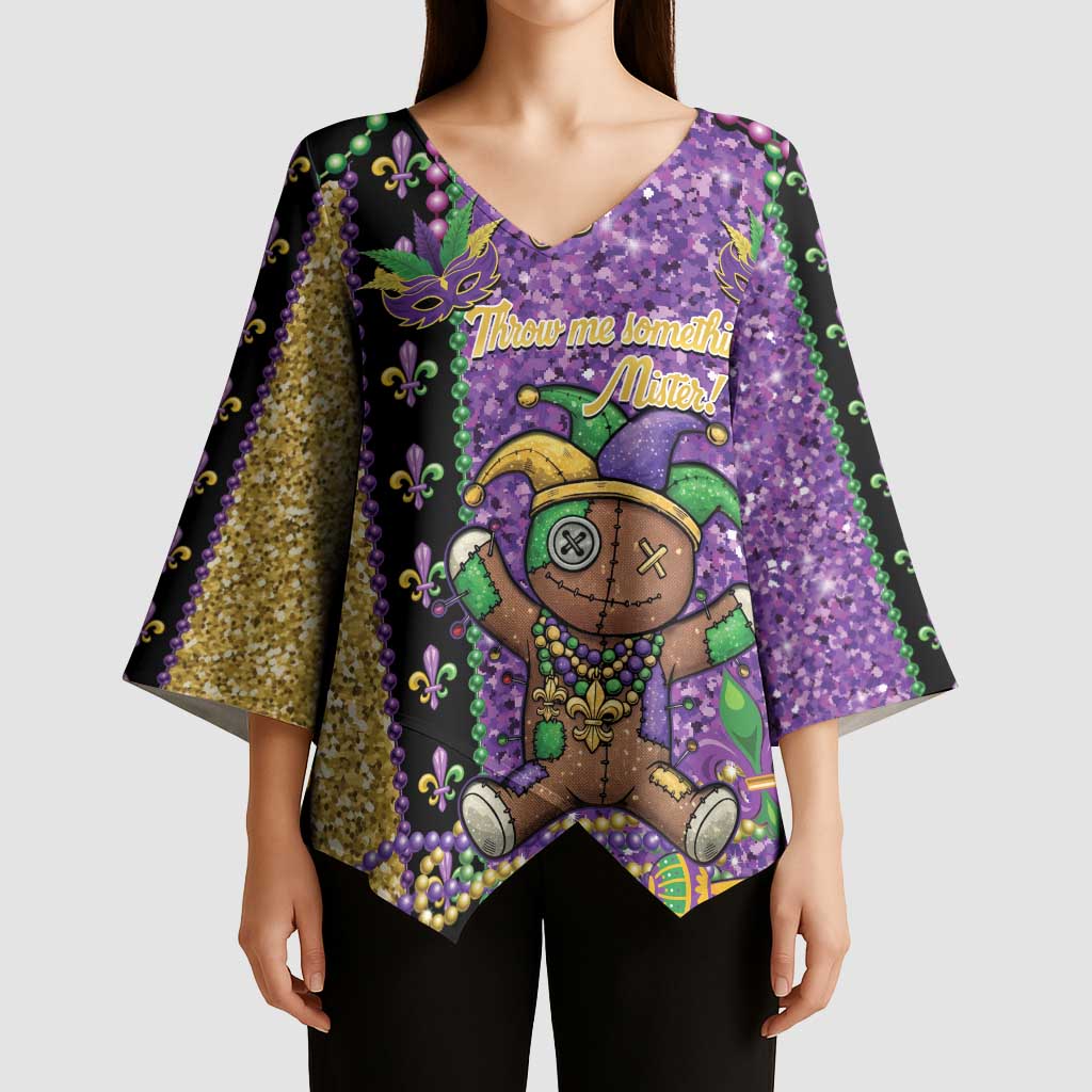 Voodoo Doll Mardi Gras Kimono Sleeve Blouse Throw Me Something Mister Glitter Effect