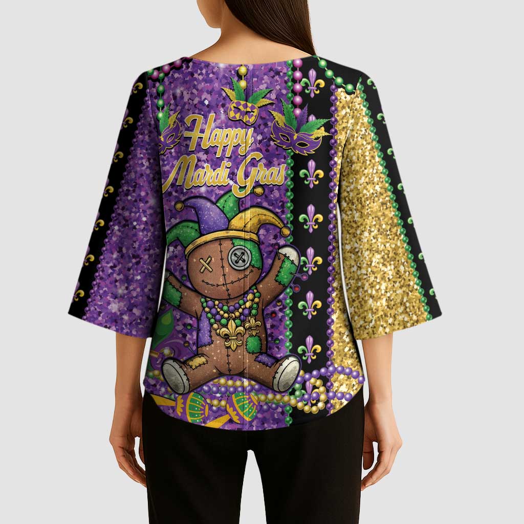 Voodoo Doll Mardi Gras Kimono Sleeve Blouse Throw Me Something Mister Glitter Effect