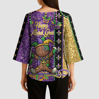 Voodoo Doll Mardi Gras Kimono Sleeve Blouse Throw Me Something Mister Glitter Effect