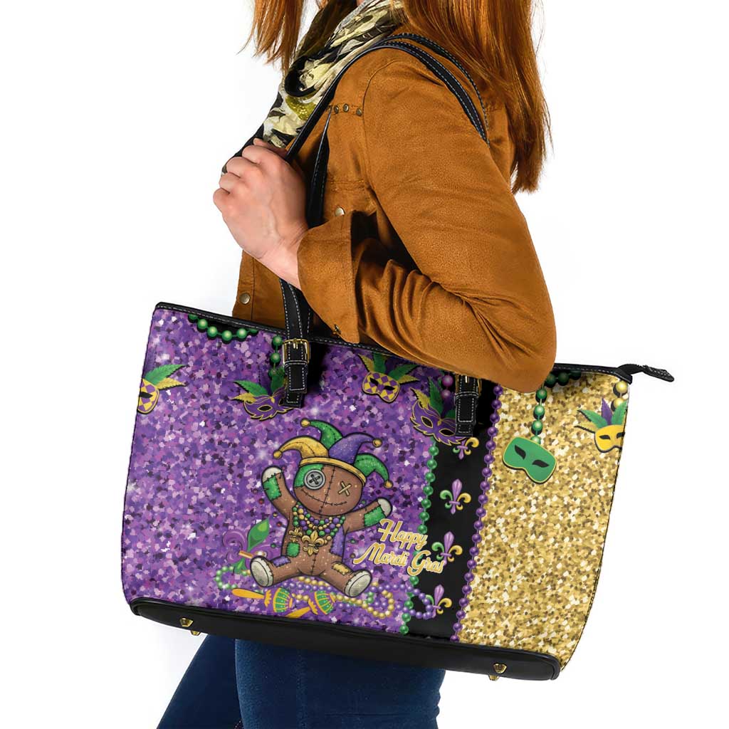 Voodoo Doll Mardi Gras Leather Tote Bag Throw Me Something Mister Glitter Effect
