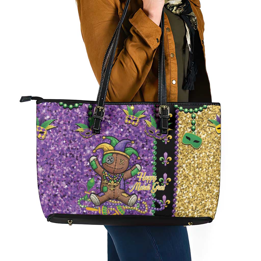 Voodoo Doll Mardi Gras Leather Tote Bag Throw Me Something Mister Glitter Effect