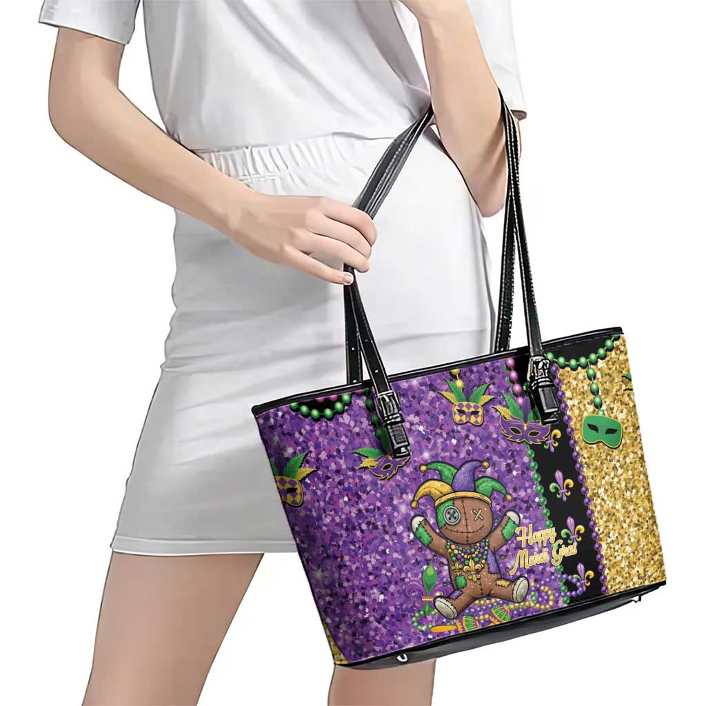 Voodoo Doll Mardi Gras Leather Tote Bag Throw Me Something Mister Glitter Effect