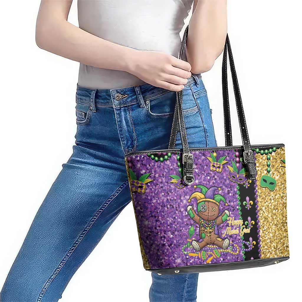 Voodoo Doll Mardi Gras Leather Tote Bag Throw Me Something Mister Glitter Effect