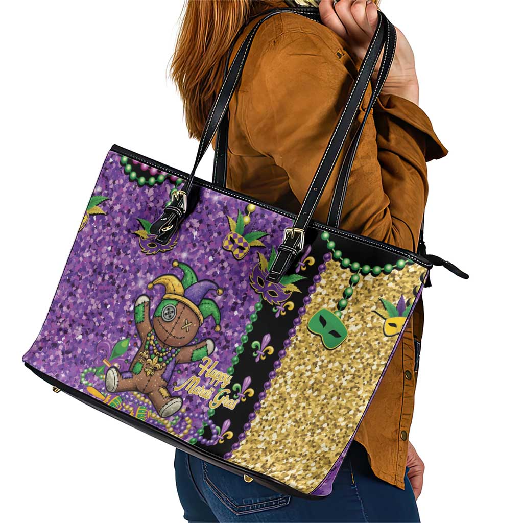 Voodoo Doll Mardi Gras Leather Tote Bag Throw Me Something Mister Glitter Effect