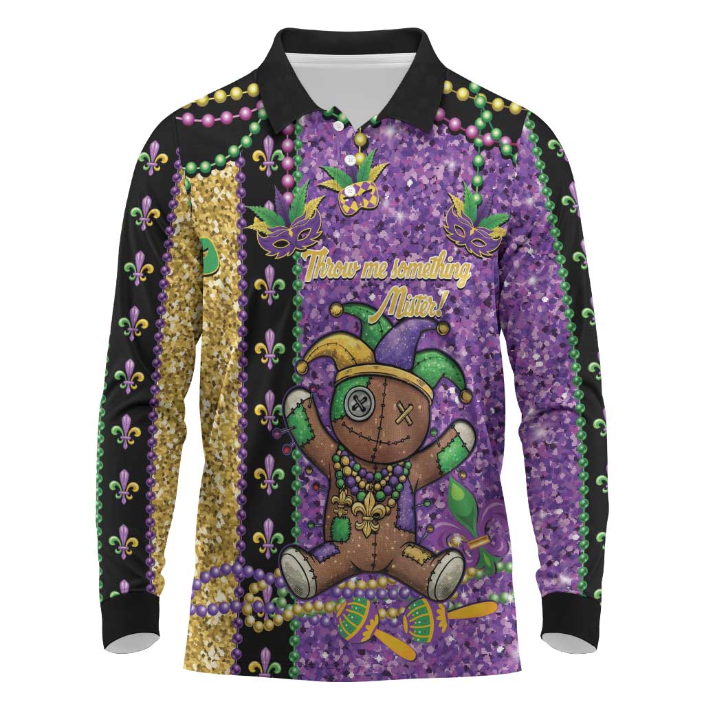Voodoo Doll Mardi Gras Long Sleeve Polo Shirt Throw Me Something Mister Glitter Effect