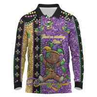 Voodoo Doll Mardi Gras Long Sleeve Polo Shirt Throw Me Something Mister Glitter Effect