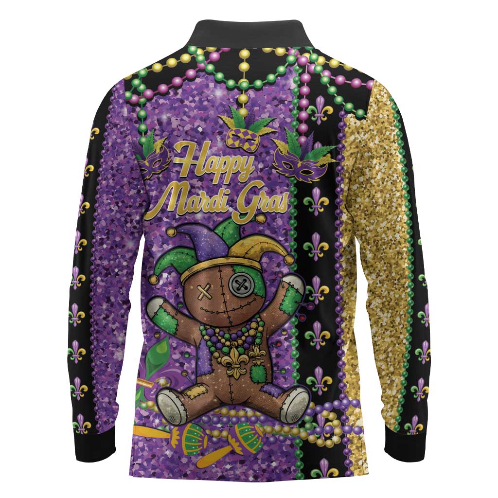 Voodoo Doll Mardi Gras Long Sleeve Polo Shirt Throw Me Something Mister Glitter Effect