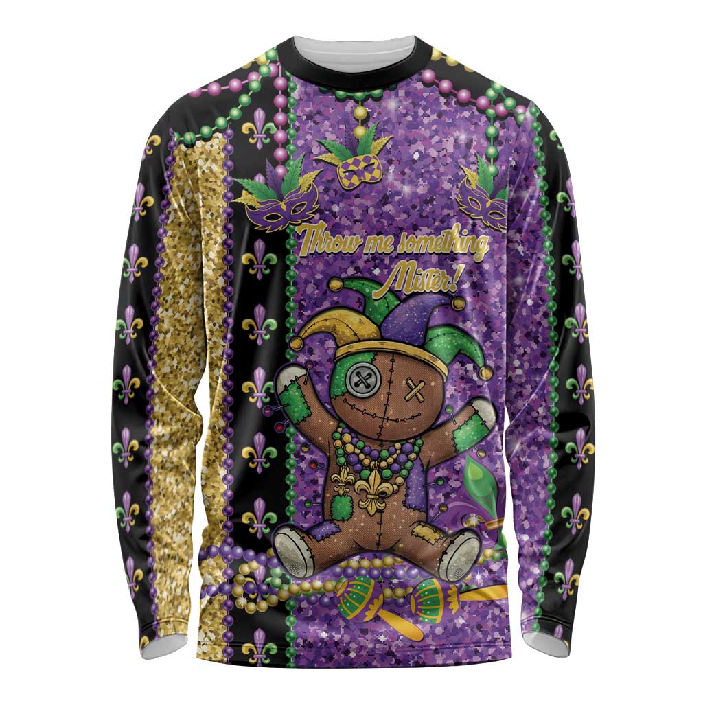 Voodoo Doll Mardi Gras Long Sleeve Shirt Throw Me Something Mister Glitter Effect