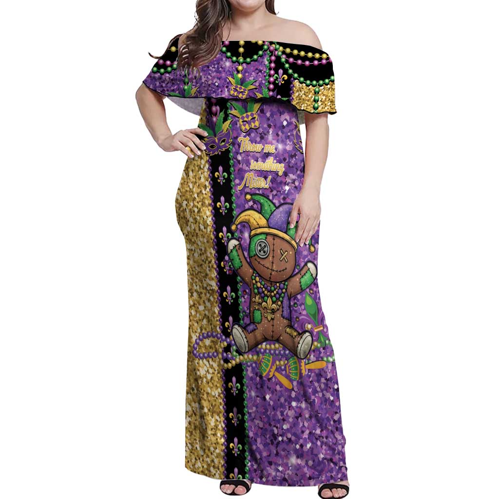 Voodoo Doll Mardi Gras Off Shoulder Maxi Dress Throw Me Something Mister Glitter Effect