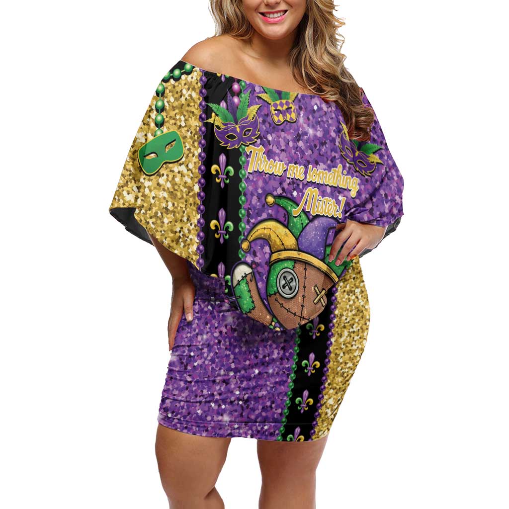 Voodoo Doll Mardi Gras Off Shoulder Short Dress Throw Me Something Mister Glitter Effect