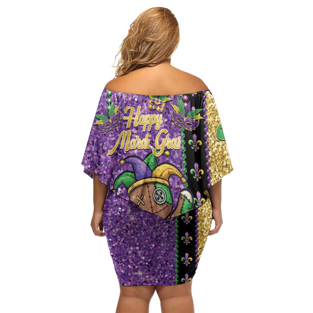 Voodoo Doll Mardi Gras Off Shoulder Short Dress Throw Me Something Mister Glitter Effect