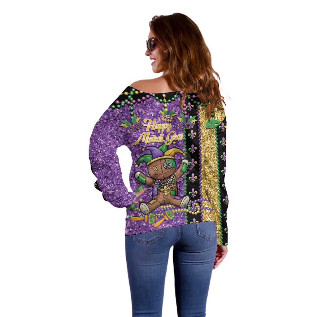 Voodoo Doll Mardi Gras Off Shoulder Sweater Throw Me Something Mister Glitter Effect