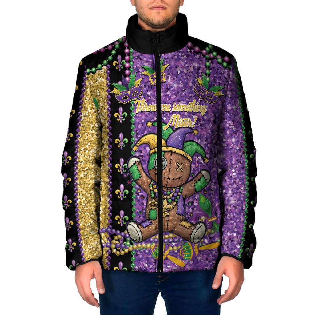 Voodoo Doll Mardi Gras Padded Jacket Throw Me Something Mister Glitter Effect