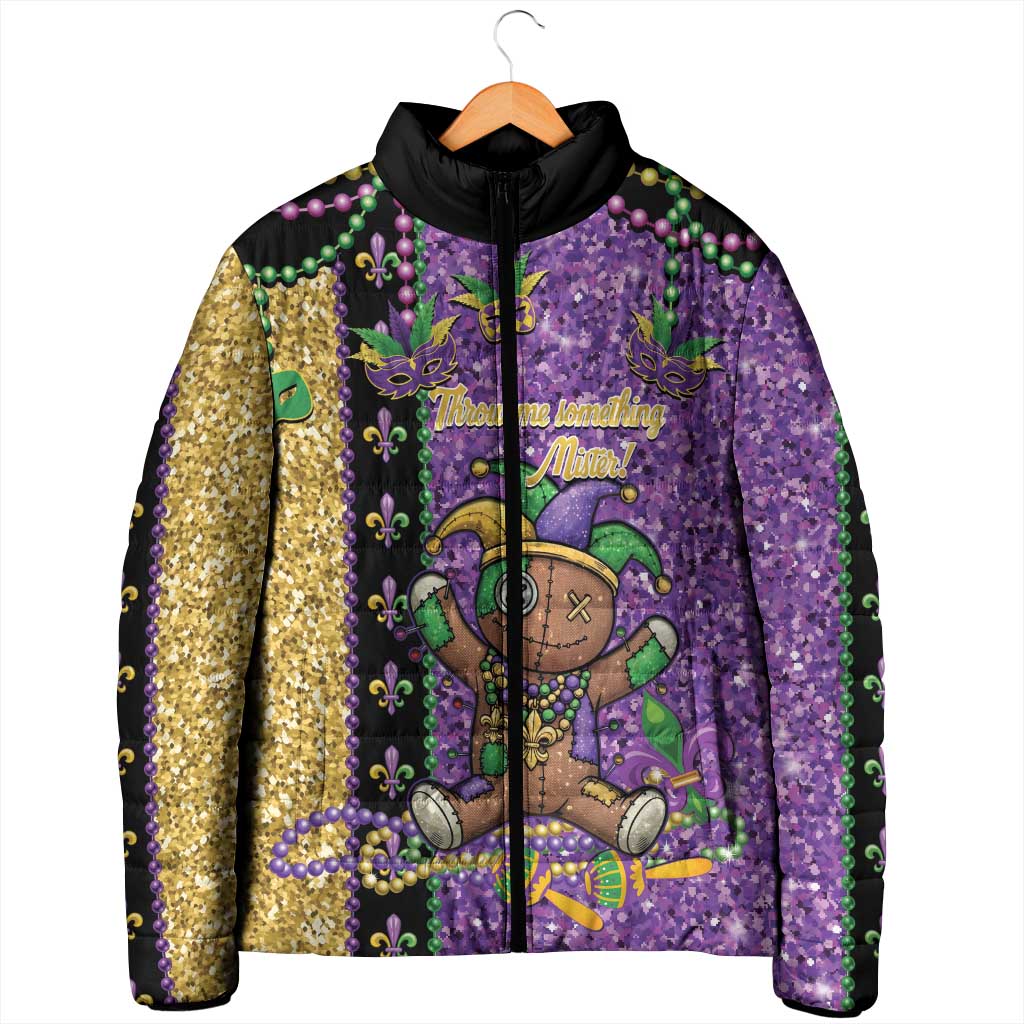 Voodoo Doll Mardi Gras Padded Jacket Throw Me Something Mister Glitter Effect