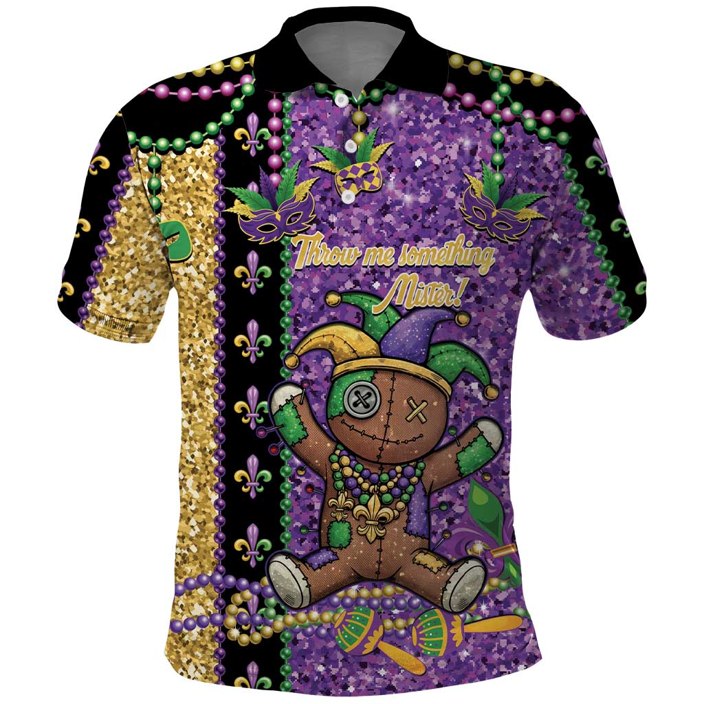 Voodoo Doll Mardi Gras Polo Shirt Throw Me Something Mister Glitter Effect