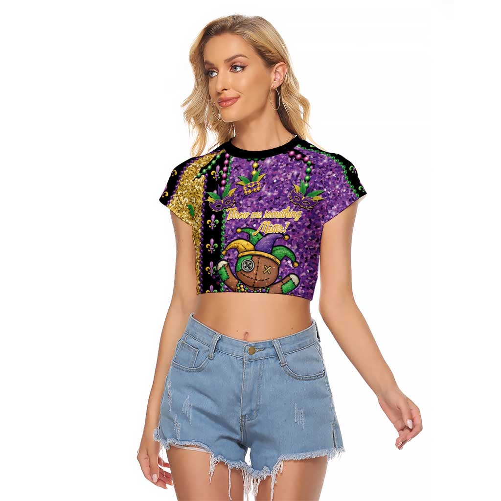 Voodoo Doll Mardi Gras Raglan Cropped T Shirt Throw Me Something Mister Glitter Effect