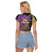 Voodoo Doll Mardi Gras Raglan Cropped T Shirt Throw Me Something Mister Glitter Effect