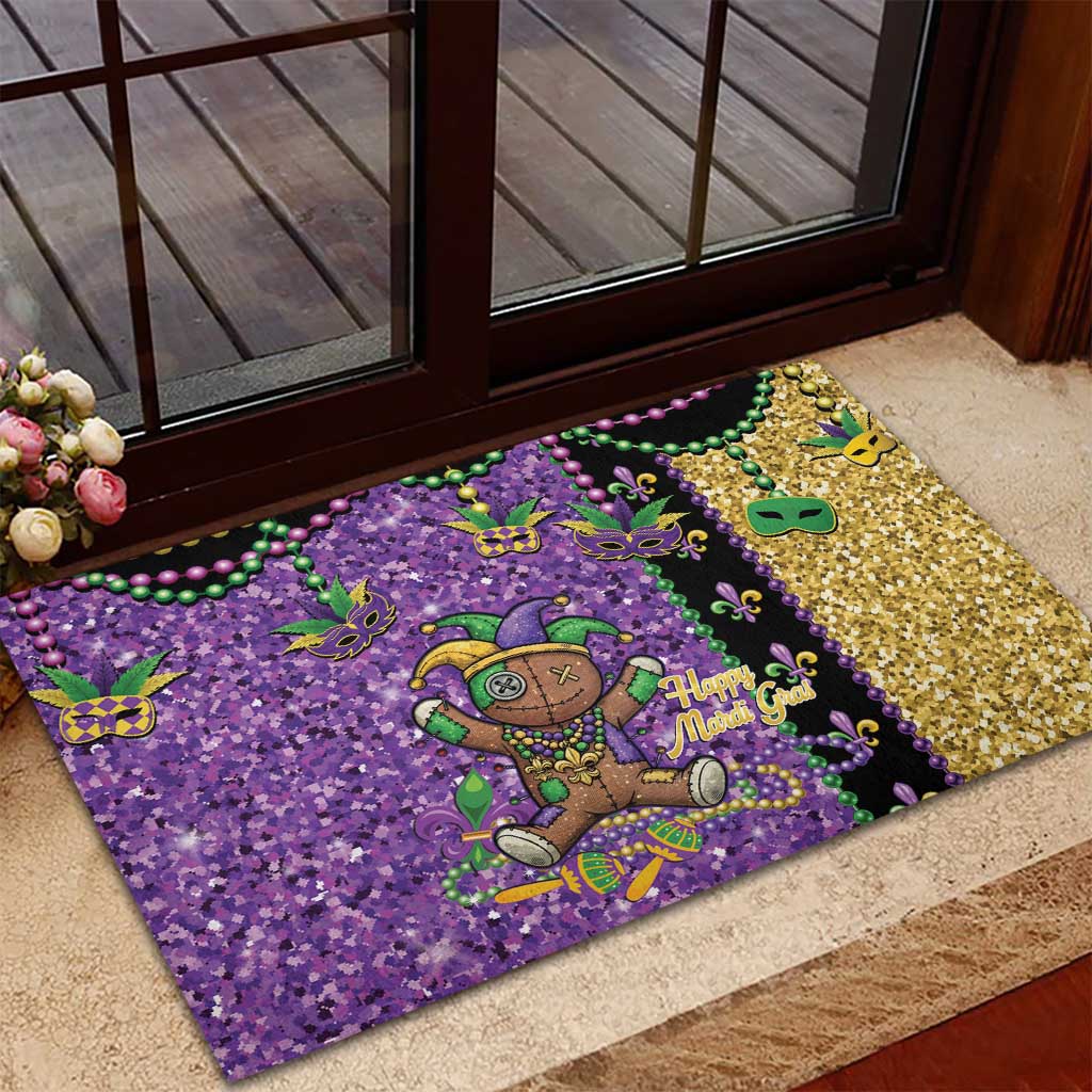 Voodoo Doll Mardi Gras Rubber Doormat Throw Me Something Mister Glitter Effect