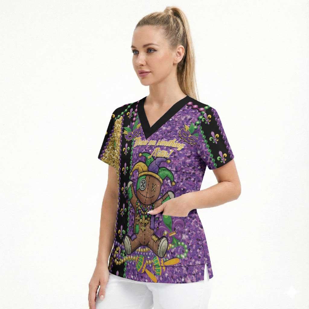Voodoo Doll Mardi Gras Scrub Top Throw Me Something Mister Glitter Effect