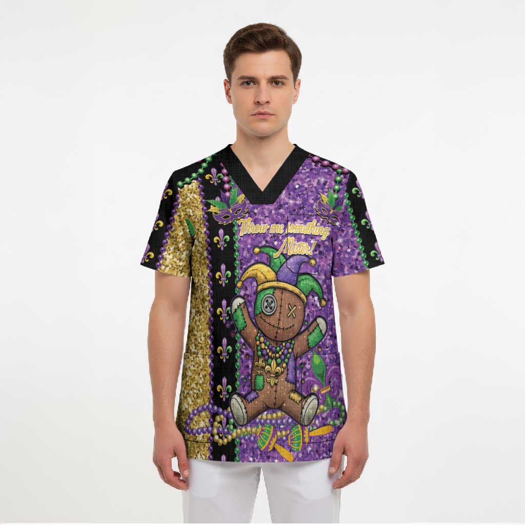 Voodoo Doll Mardi Gras Scrub Top Throw Me Something Mister Glitter Effect