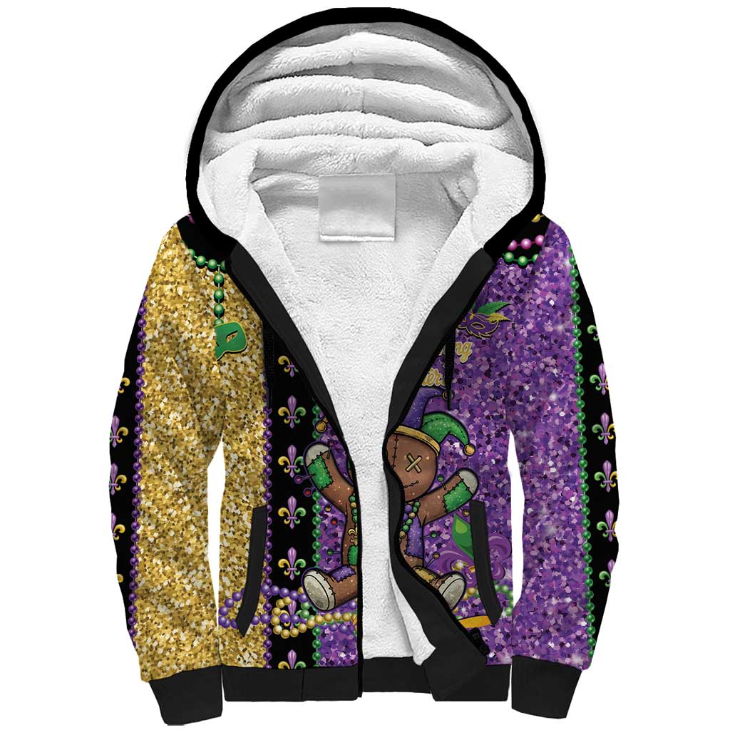 Voodoo Doll Mardi Gras Sherpa Hoodie Throw Me Something Mister Glitter Effect