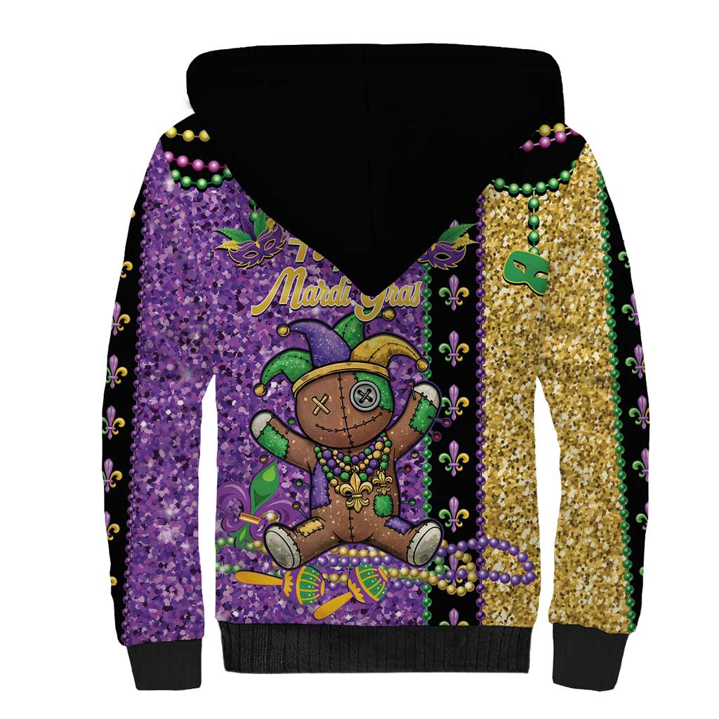 Voodoo Doll Mardi Gras Sherpa Hoodie Throw Me Something Mister Glitter Effect