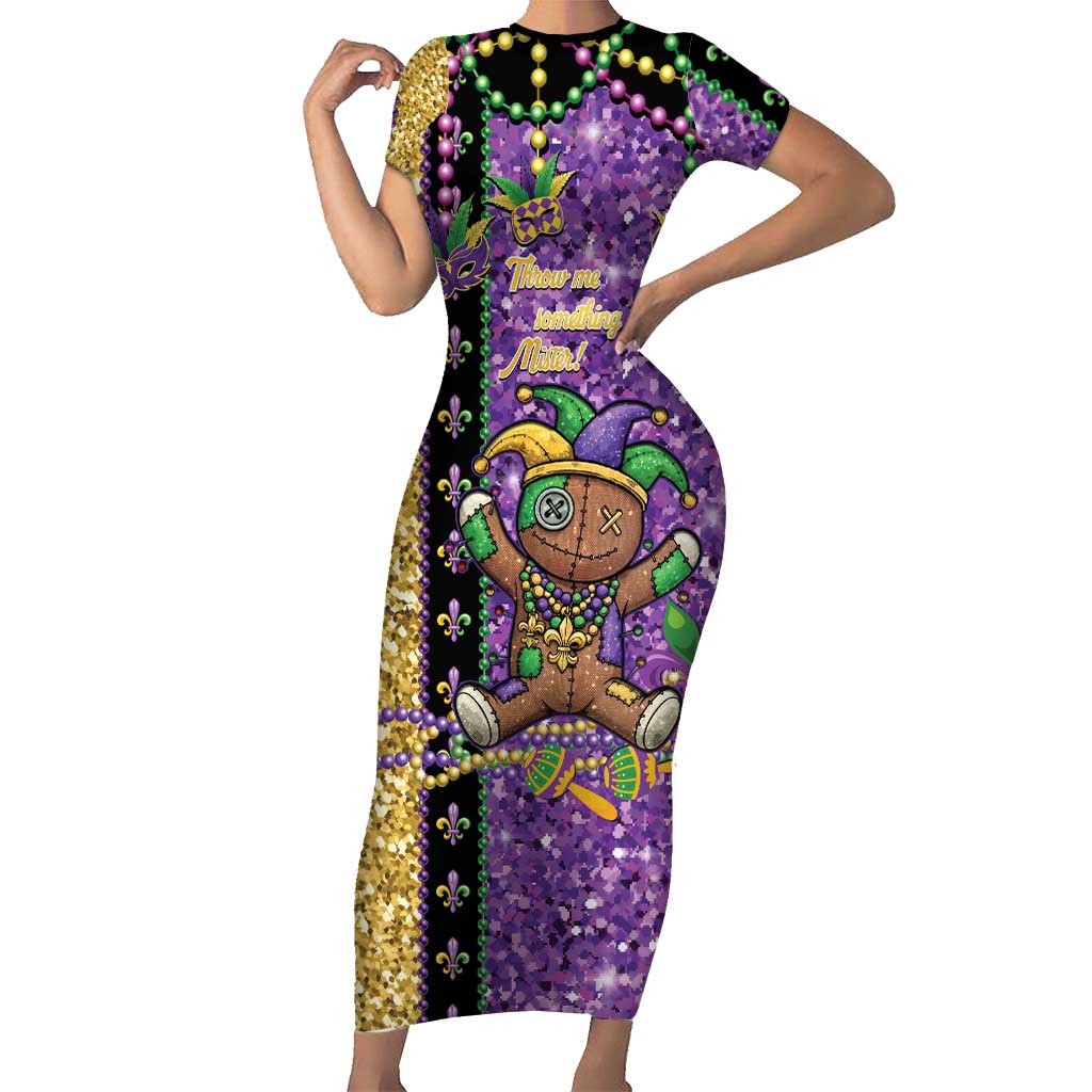 Voodoo Doll Mardi Gras Short Sleeve Bodycon Dress Throw Me Something Mister Glitter Effect