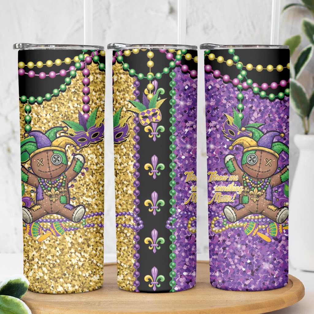 Voodoo Doll Mardi Gras Skinny Tumbler Throw Me Something Mister Glitter Effect