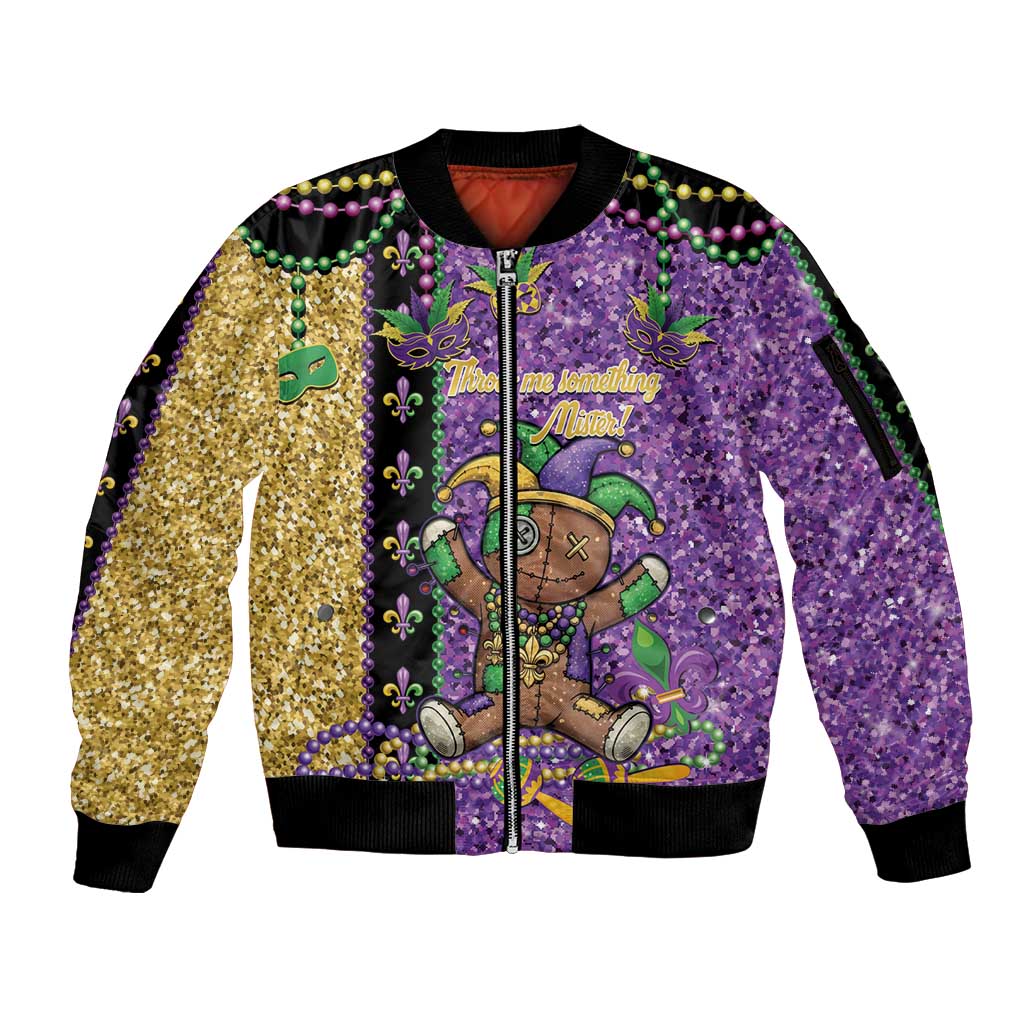 Voodoo Doll Mardi Gras Sleeve Zip Bomber Jacket Throw Me Something Mister Glitter Effect