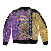 Voodoo Doll Mardi Gras Sleeve Zip Bomber Jacket Throw Me Something Mister Glitter Effect