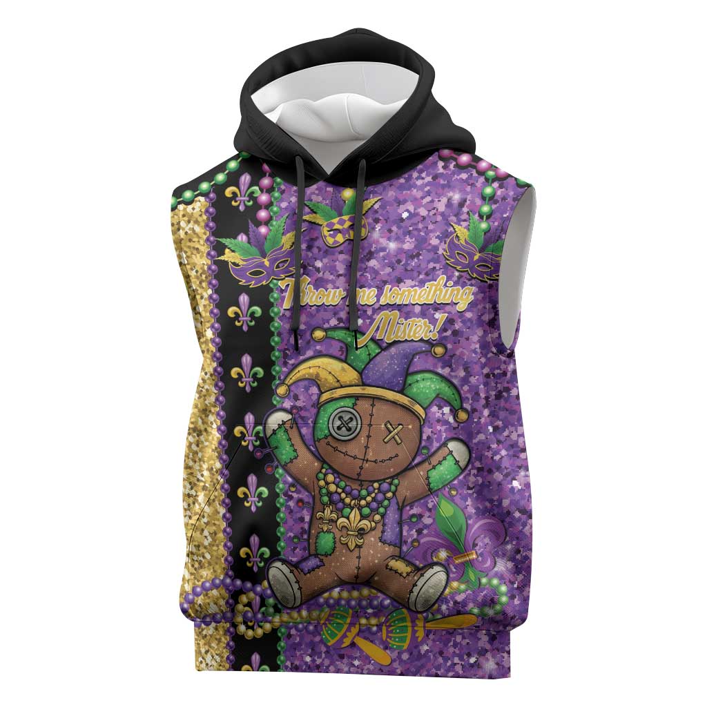 Voodoo Doll Mardi Gras Sleeveless Hoodie Throw Me Something Mister Glitter Effect